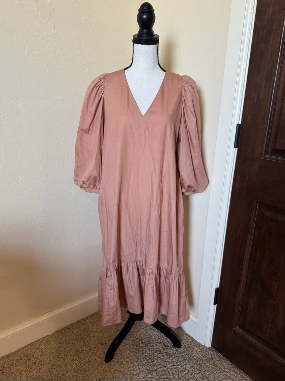 a new day Dusty Rose V-Neck Puff-Sleeve Midi Dress